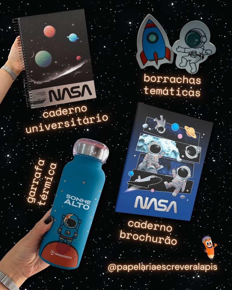 Cadernos da NASA, garrafa e borrachas de astronauta