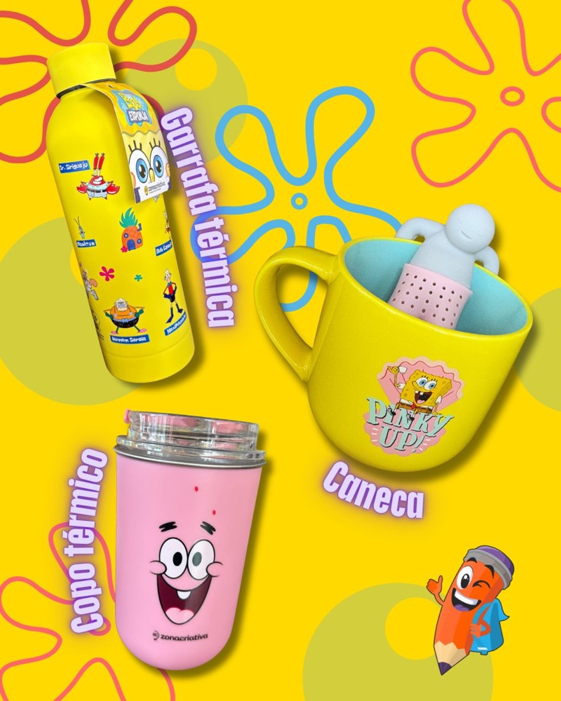 Garrafa, copo térmico e caneca do Bob Esponja